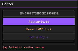 The Boros loader, with the yellow Reset HWID lock button below Authenticate